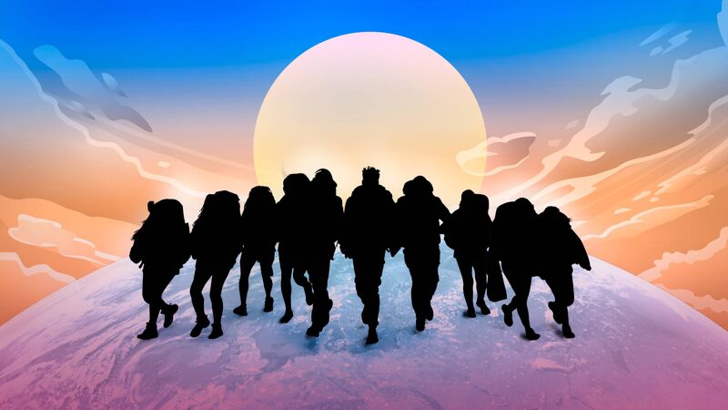 Silhouetted racers running over a globe at sunrise